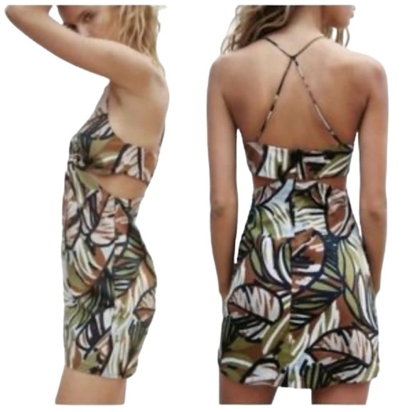NWT Zara linen blend tropical print cut out mini dress M - Picture 2 of 15